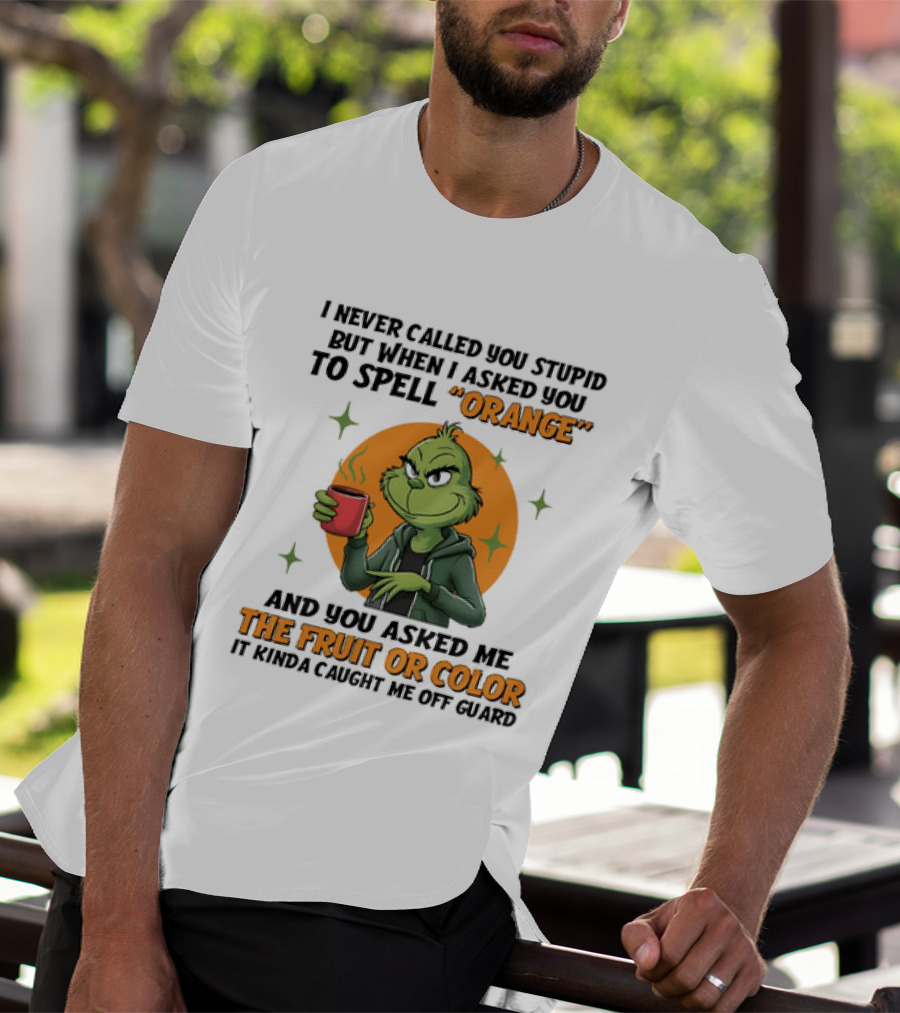 Grinch I Never Called You Stupid But When I Asked You To Spell Orange And You Asked Me The Fruit Or Color It Kinda Caught Me Off Guard T-Shirt