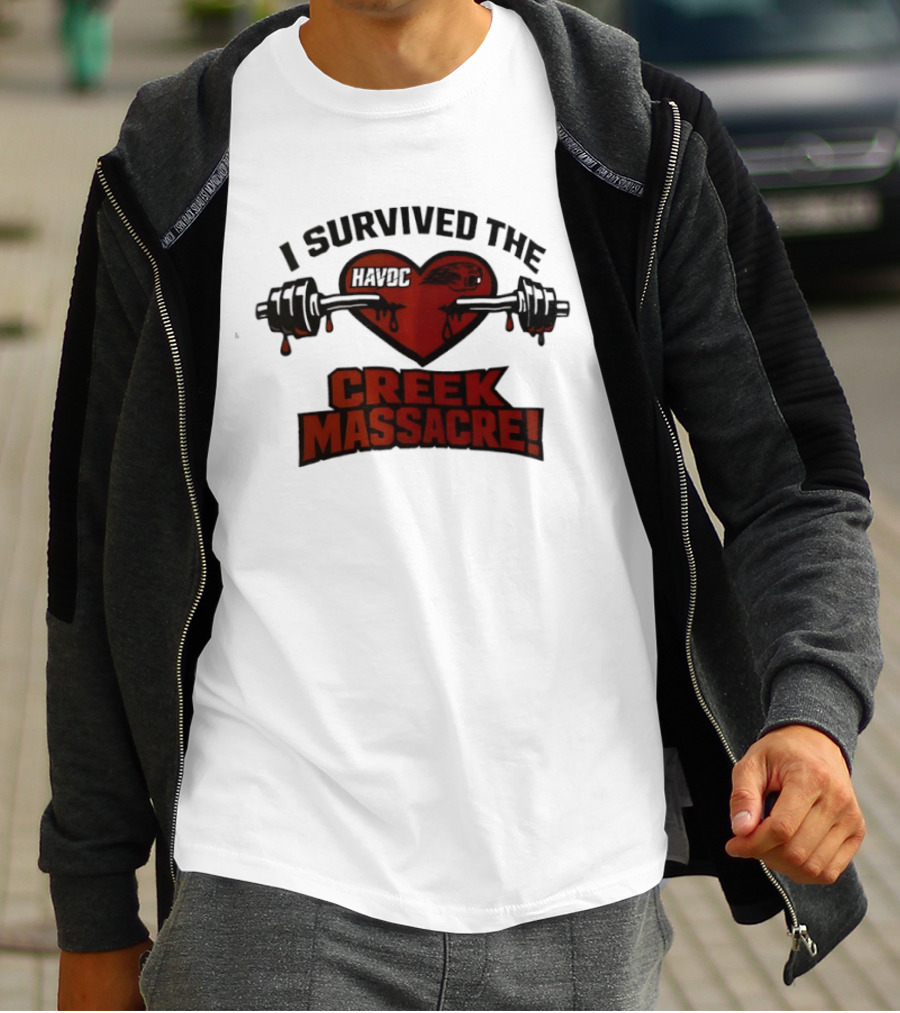 I Survived The Havoc Creek Massacre Heart Barbell Blood Gym Horror T-Shirt