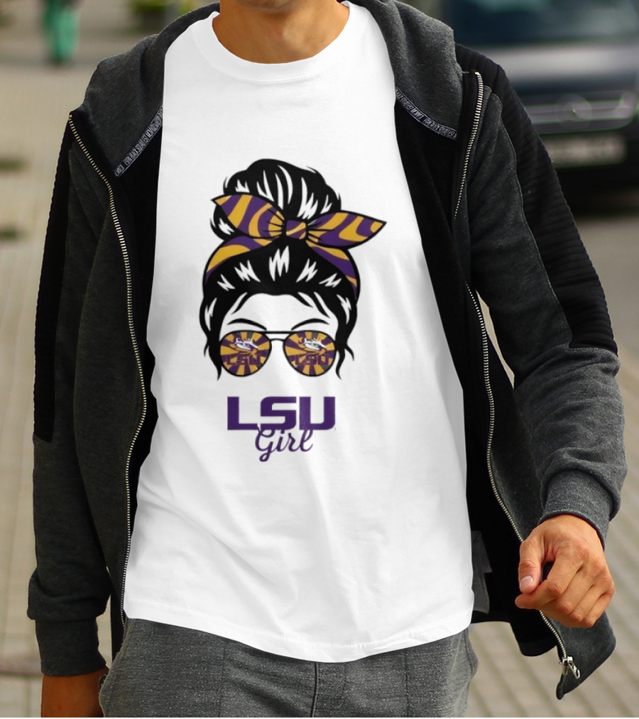 LSU Tigers Girl Purple Yellow Stripes Messy Bun Glasses T-Shirt