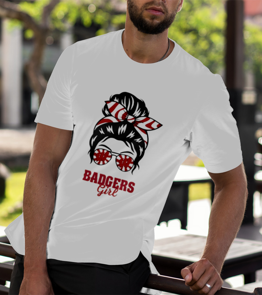 Wisconsin Badgers Girl Messy Bun Glasses Bow T-Shirt