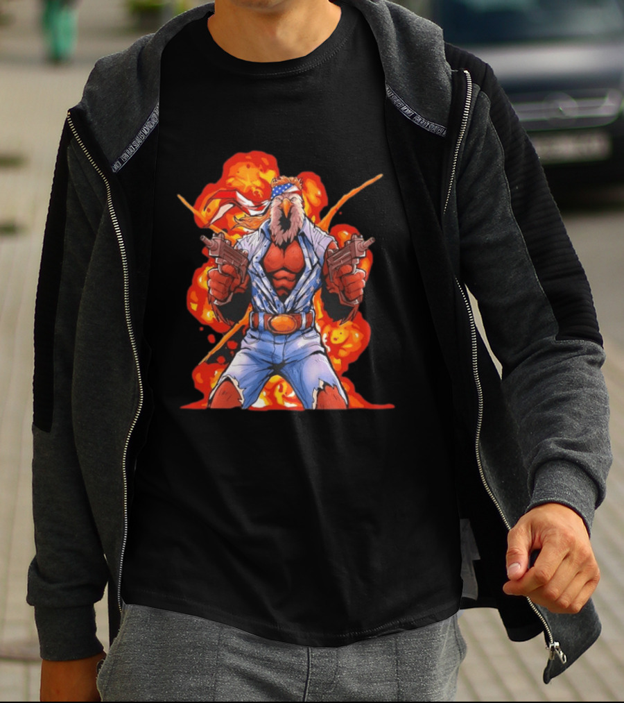 American Bald Eagle Fury Cartoon Bandana Dual Pistols Explosion T-Shirt