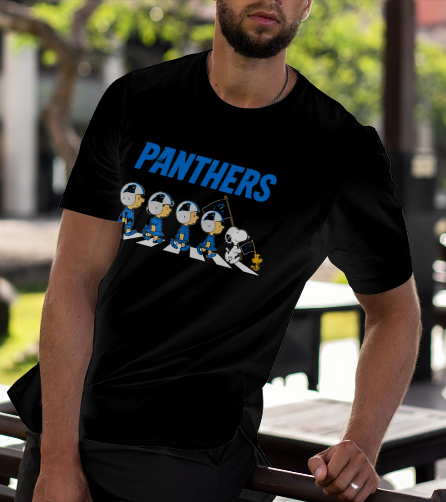Peanuts Carolina Panthers Football Characters Walking With Flag T-Shirt