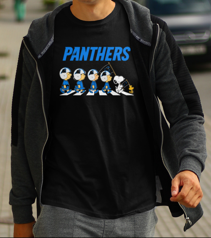 Peanuts Carolina Panthers Football Characters Walking With Flag T-Shirt