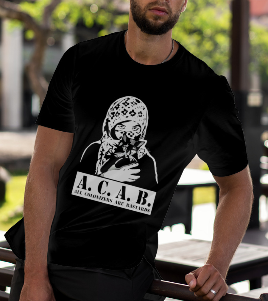 A.C.A.B. All Colonizers Are Bastards Protest Image With Floral Hijab Woman And Cat T-Shirt