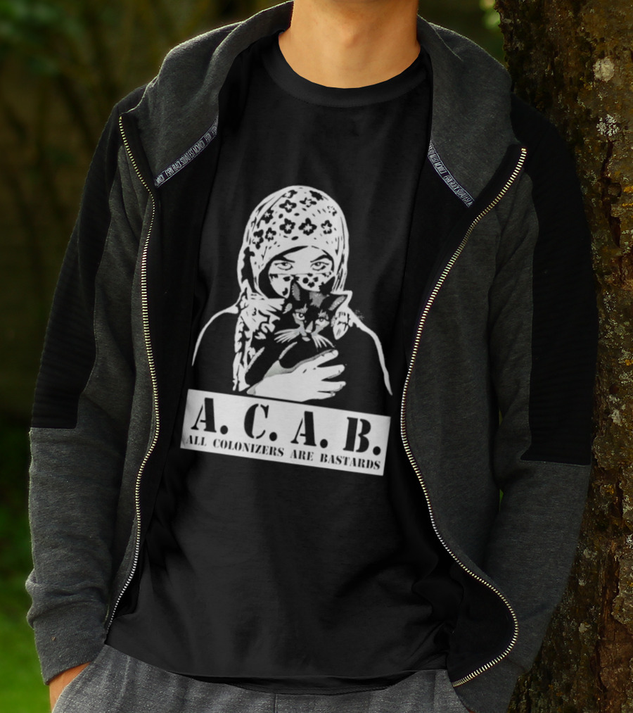 A.C.A.B. All Colonizers Are Bastards Protest Image With Floral Hijab Woman And Cat T-Shirt