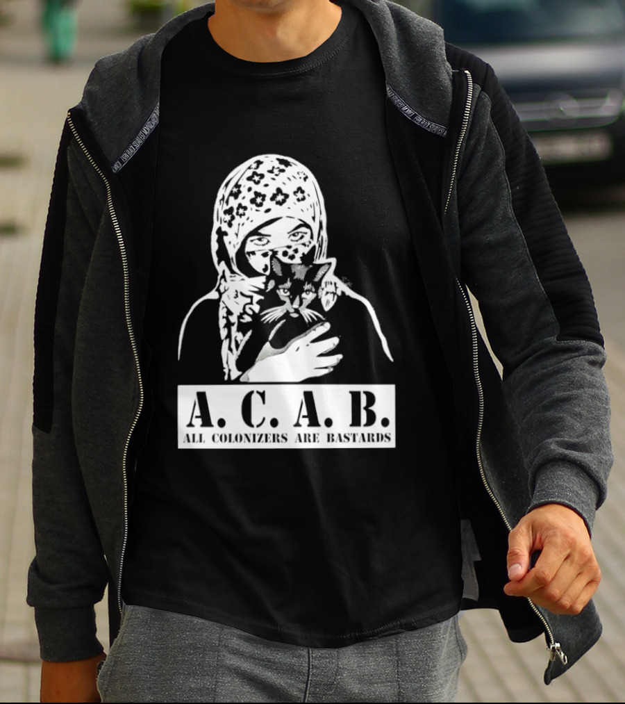 A.C.A.B. All Colonizers Are Bastards Protest Image With Floral Hijab Woman And Cat T-Shirt