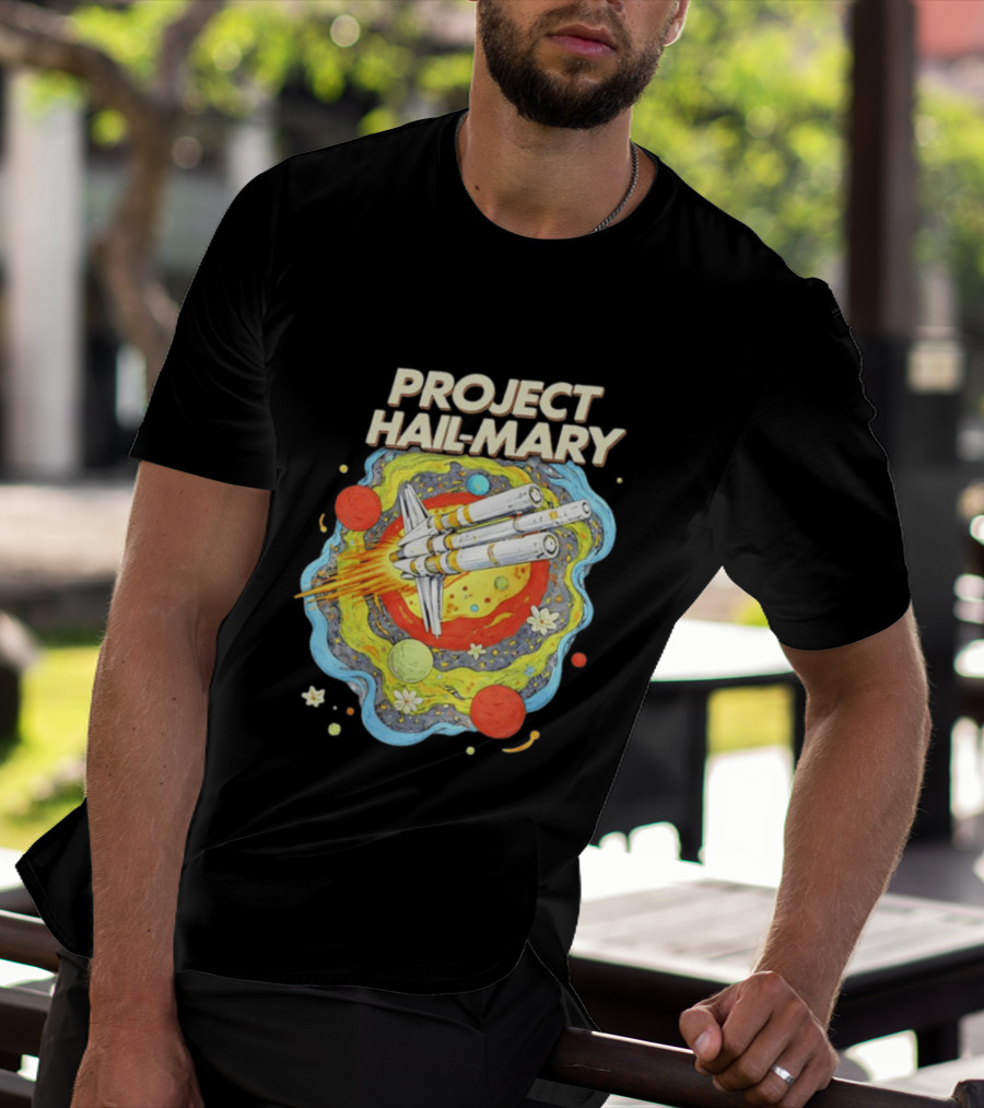 Project Hail Mary Rocket Launching Through Colorful Space Planets T-Shirt