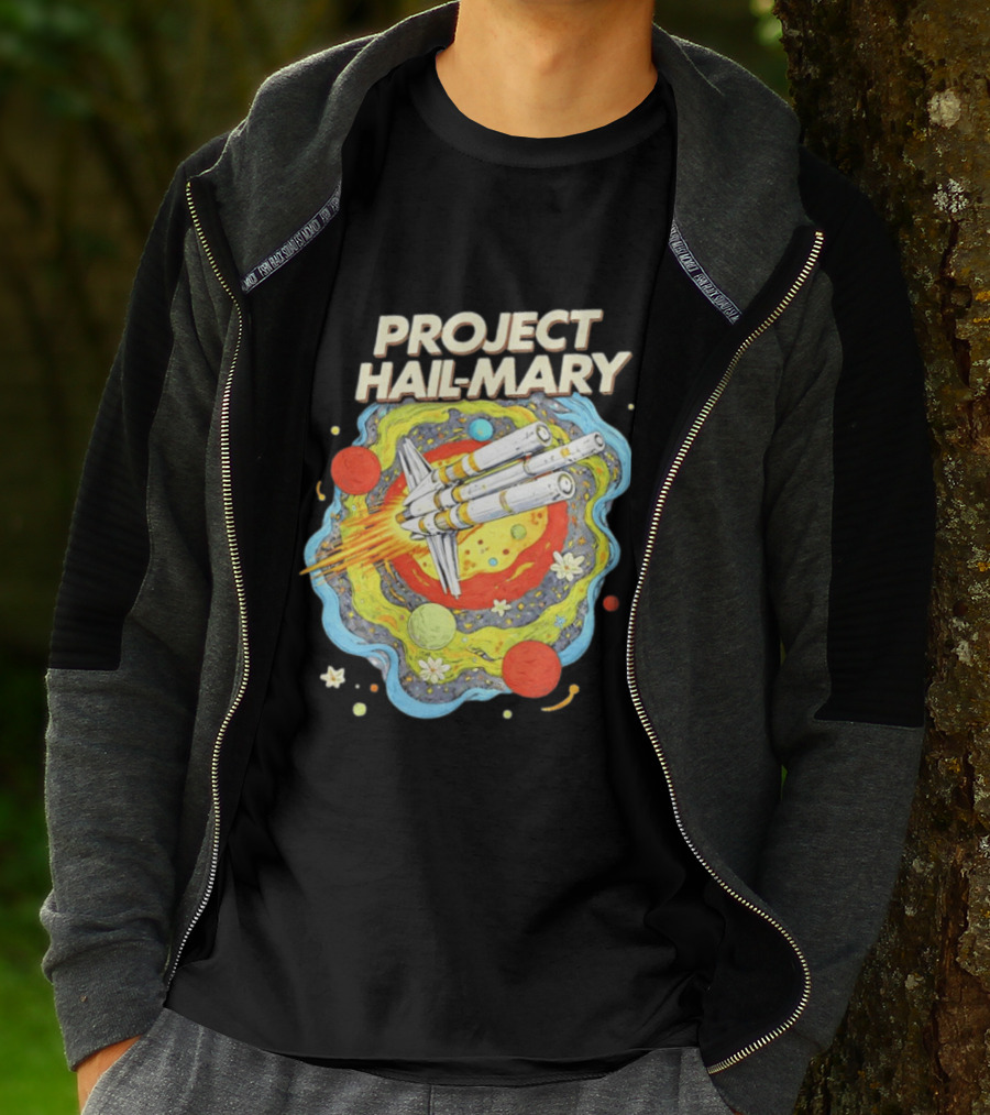 Project Hail Mary Rocket Launching Through Colorful Space Planets T-Shirt