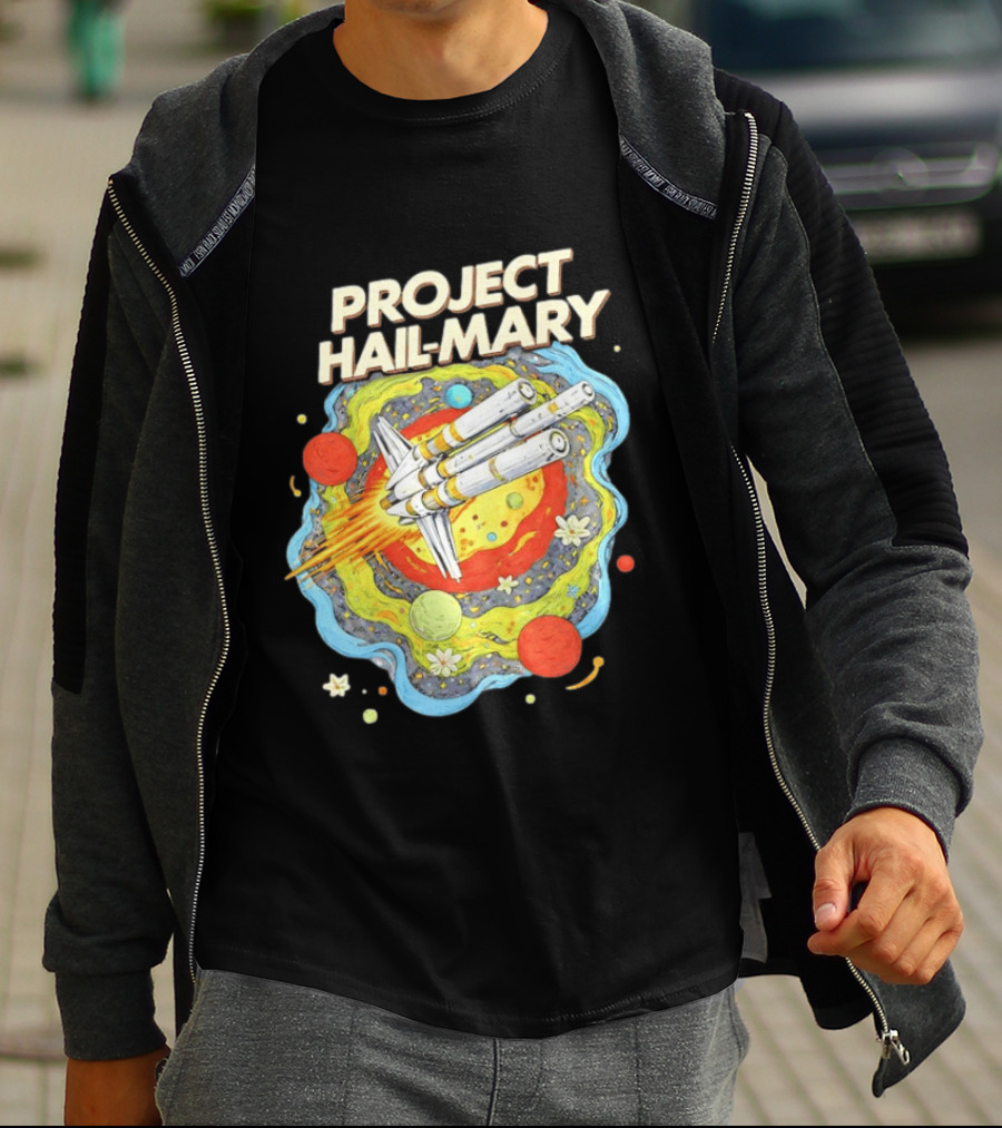 Project Hail Mary Rocket Launching Through Colorful Space Planets T-Shirt