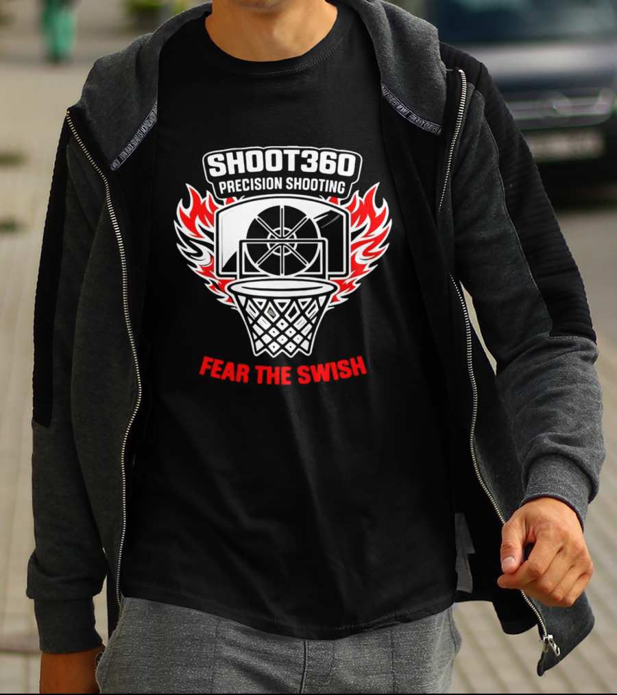 SHOOT360 Precision Shooting Fear The Swish Basketball Flame Hoop T-Shirt