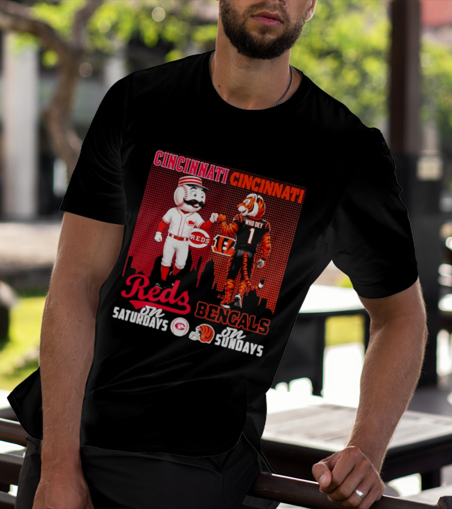 Cincinnati Reds Saturdays Vs Bengals Sundays City Mascots Skyline T-Shirt