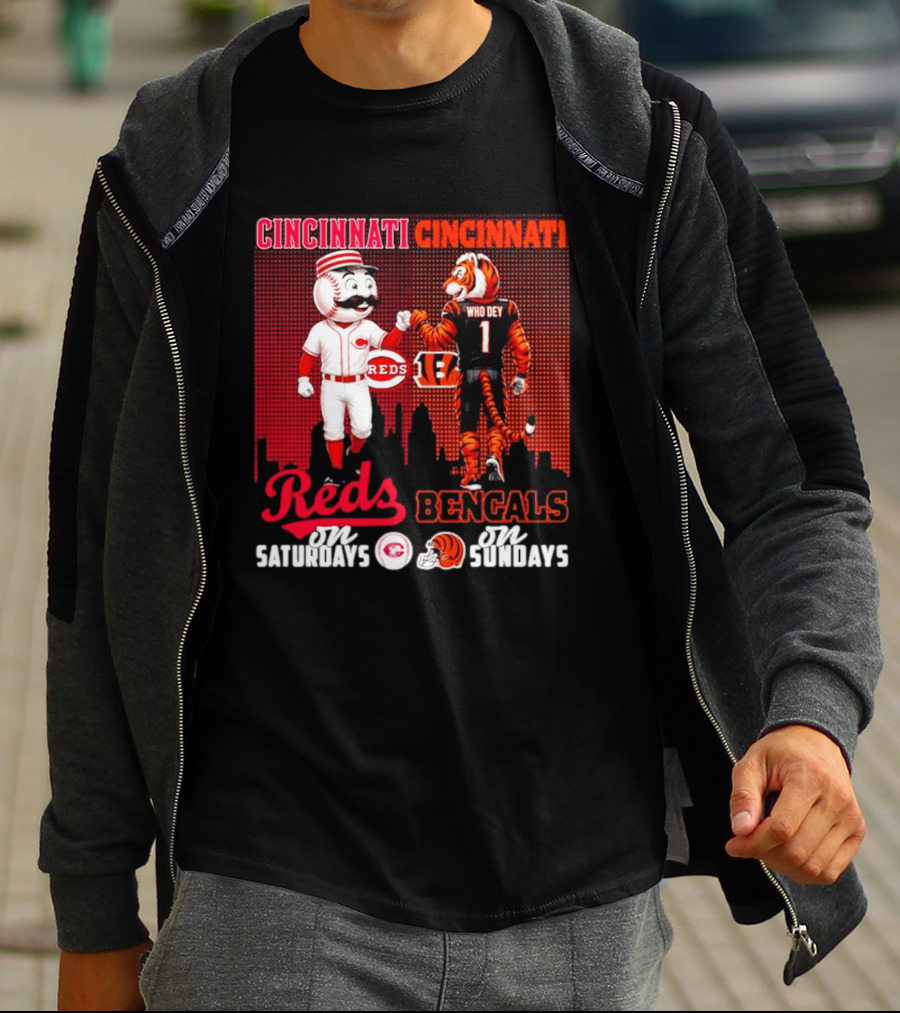 Cincinnati Reds Saturdays Vs Bengals Sundays City Mascots Skyline T-Shirt