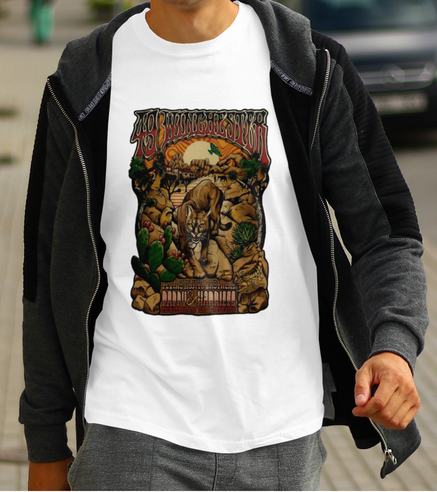 49 Winchester Pioneertown May 9 2026 Flying Mojito Brothers Pap Yu Harlins Cat Desert Scene T-Shirt