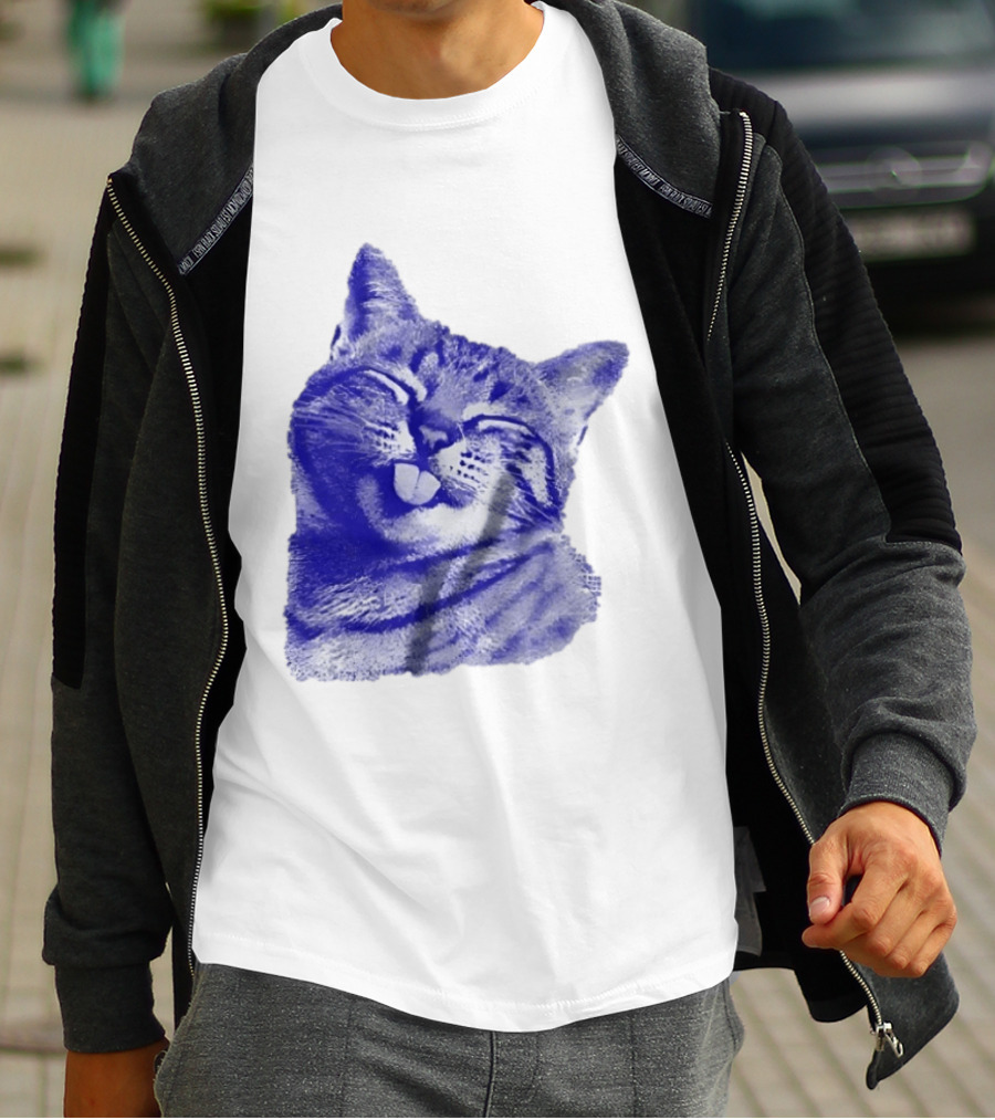 Playful Cat Sticking Out Tongue In Blue Tint T-Shirt