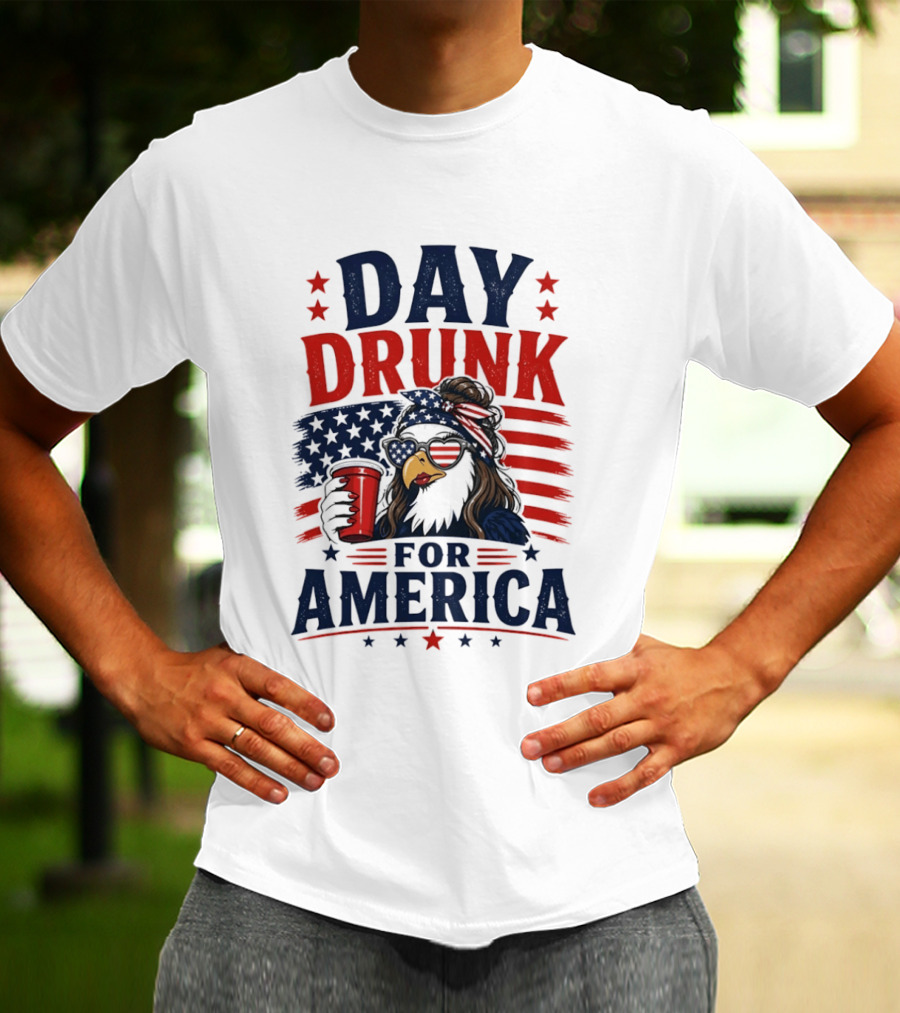 Day Drunk For America Patriotic Eagle With Flag And Red Cup T-Shirt
