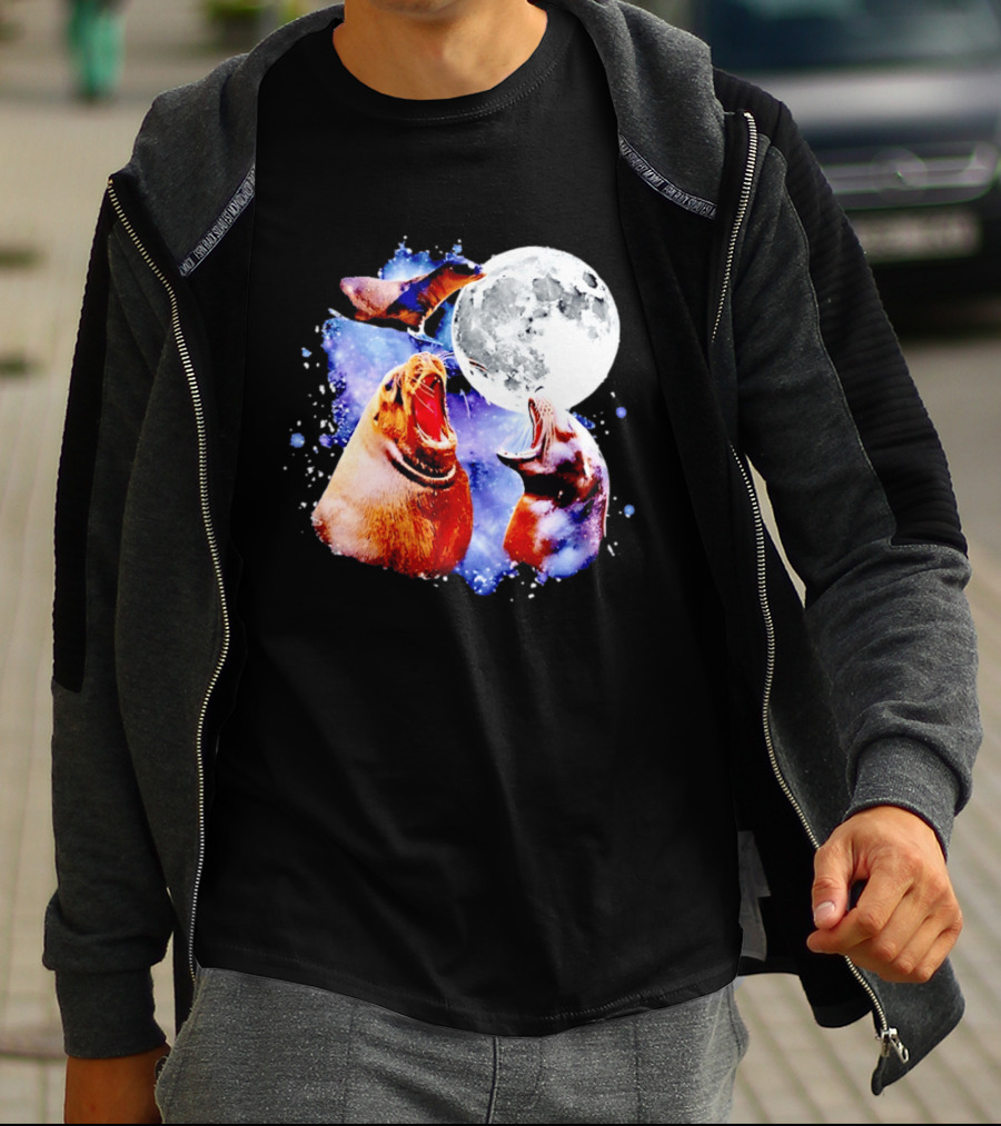 Sea Lion Trio Howling At The Moon In Outer Space Scene T-Shirt