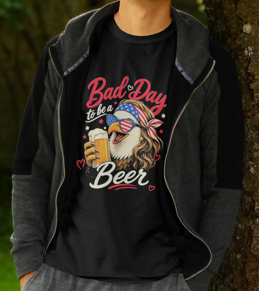 Bad Day To Be A Beer Patriotic Bald Eagle With American Flag Bandana And Heart Accents T-Shirt