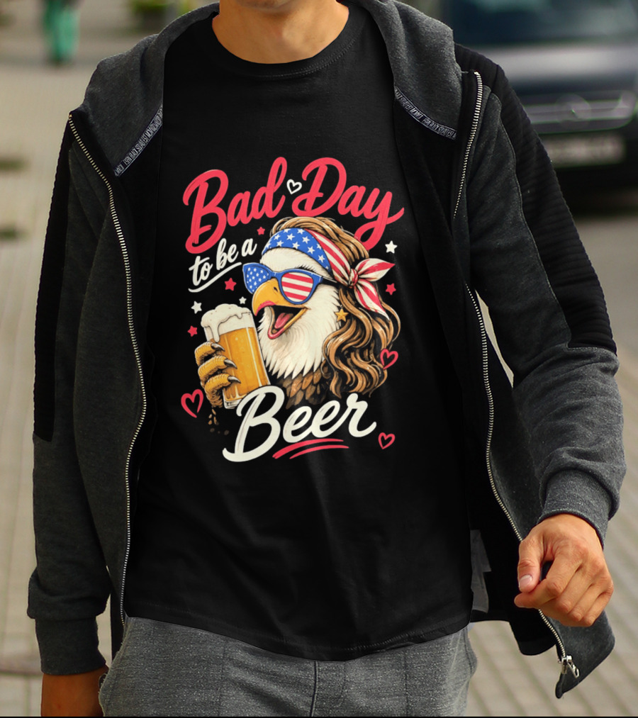 Bad Day To Be A Beer Patriotic Bald Eagle With American Flag Bandana And Heart Accents T-Shirt