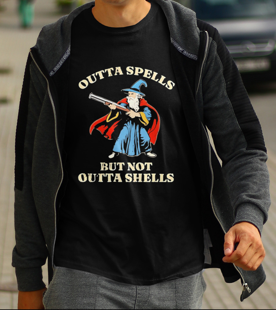 Outta Spells But Not Outta Shells Wizard Holding Shotgun T-Shirt