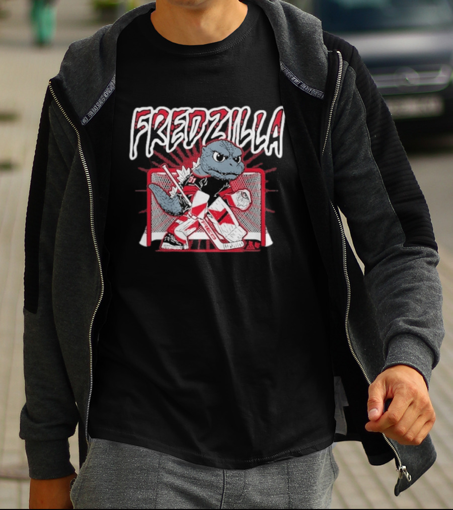 FredZilla Hockey Goalie Monster Art With Equipment And Net T-Shirt