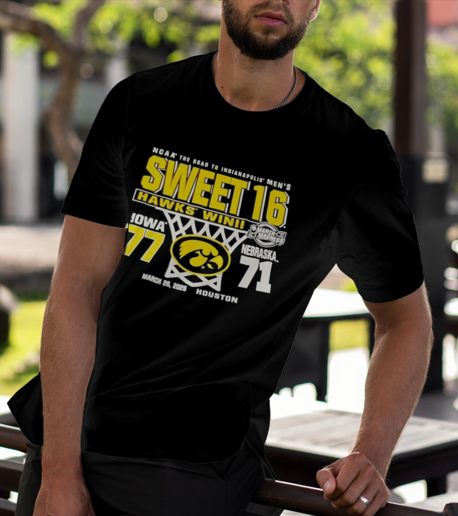 NCAA March Madness The Road To Indianapolis Men's Sweet 16 Hawks Win Iowa 77 Nebraska 71 March 25 1989 Houston T-Shirt