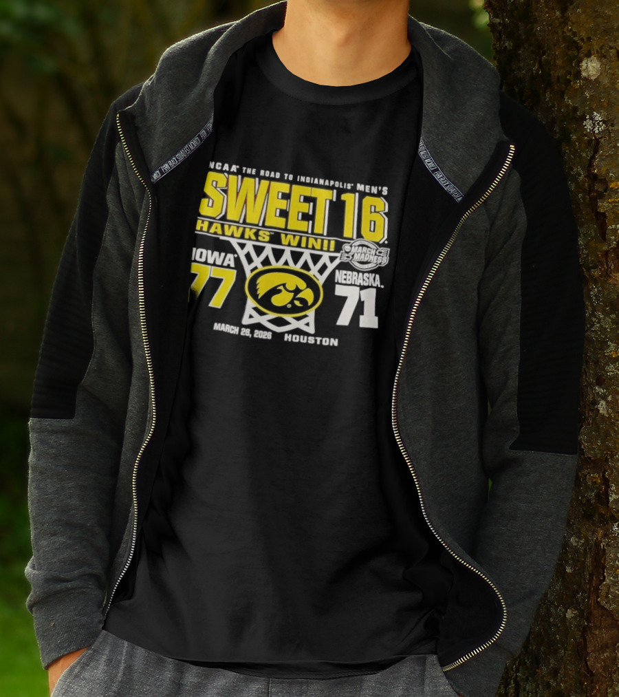 NCAA March Madness The Road To Indianapolis Men's Sweet 16 Hawks Win Iowa 77 Nebraska 71 March 25 1989 Houston T-Shirt