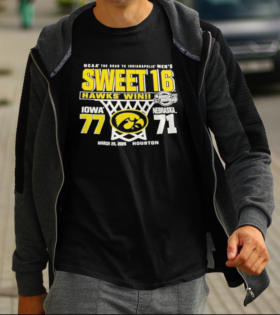 NCAA March Madness The Road To Indianapolis Men's Sweet 16 Hawks Win Iowa 77 Nebraska 71 March 25 1989 Houston T-Shirt