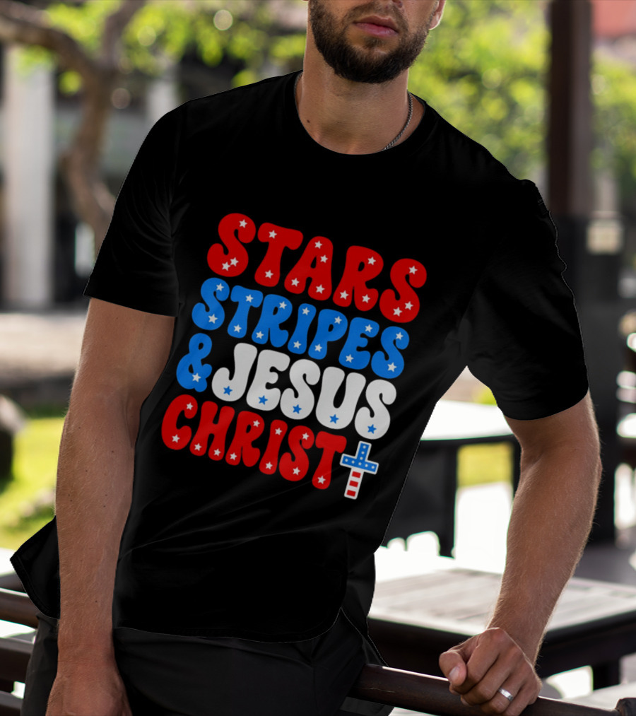 Patriotic Stars Stripes Jesus Christ Christian Faith Cross T-Shirt