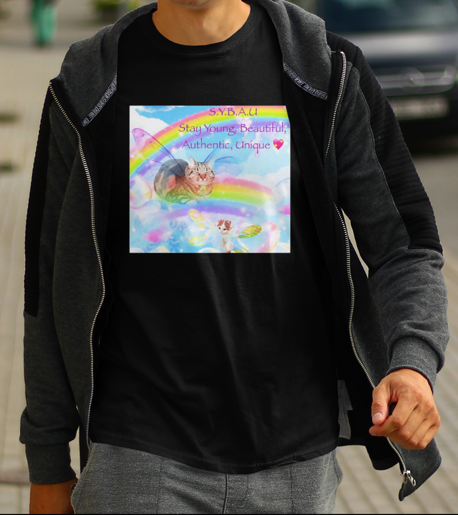 S.Y.B.A.U Stay Young Beautiful Authentic Unique Cat Rainbow Wings T-Shirt