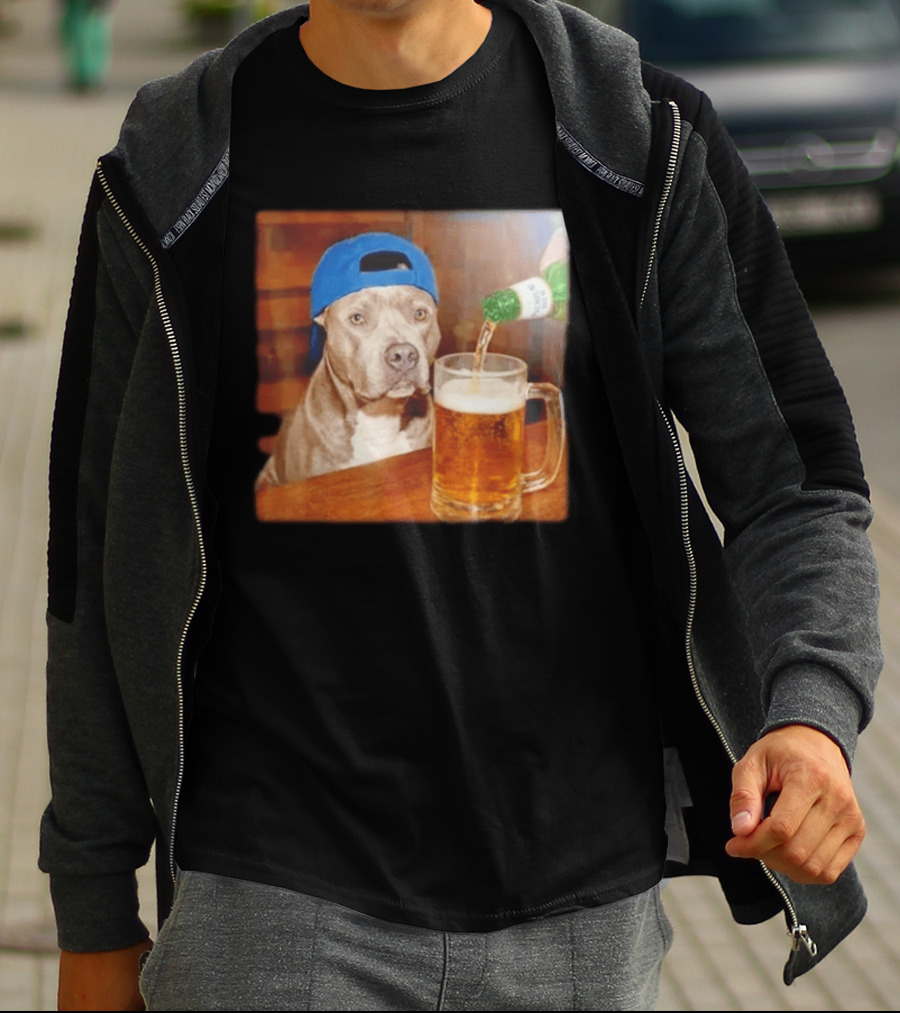 Pit Bull Drinking Beer Blue Cap Meme T-Shirt