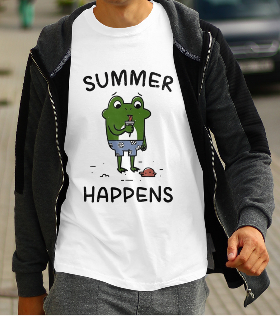Frog Enjoying Ice Cream Summer Happens Fun Scene T-Shirt