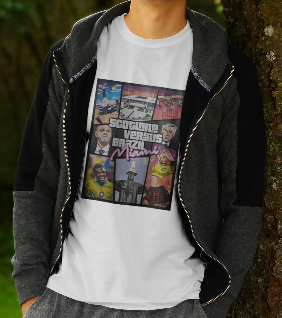 Scotland Versus Brazil Miami Comic Style Soccer Matchup T-Shirt