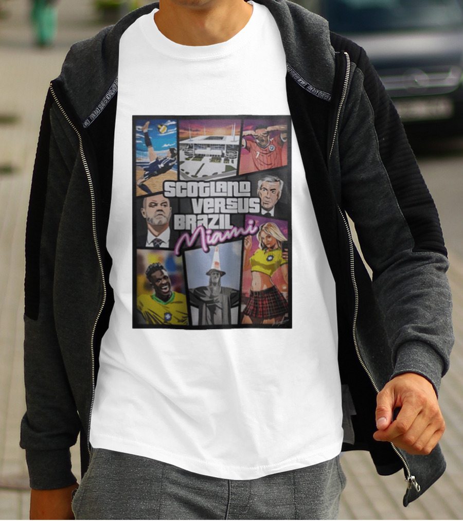 Scotland Versus Brazil Miami Comic Style Soccer Matchup T-Shirt