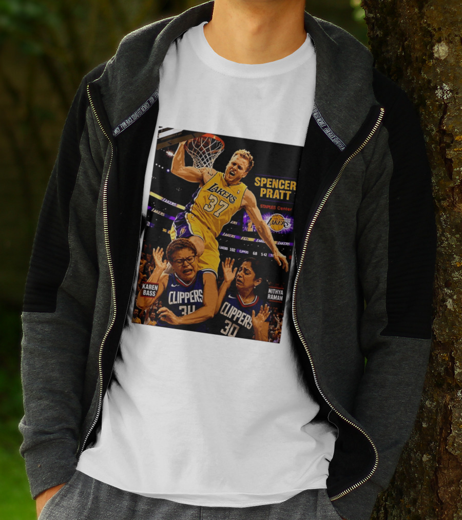 Los Angeles Lakers Spencer Pratt Dunks Staples Center Clippers Karen Bass Nithya Raman T-Shirt
