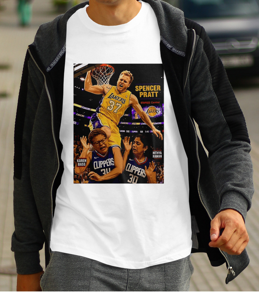 Los Angeles Lakers Spencer Pratt Dunks Staples Center Clippers Karen Bass Nithya Raman T-Shirt