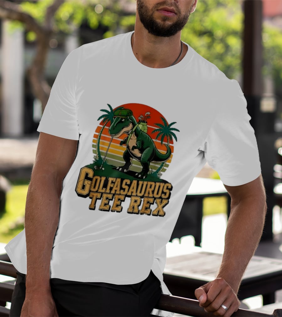 Golfasaurus Rex Rex Dinosaur Playing Golf Sunset Palm Trees T-Shirt
