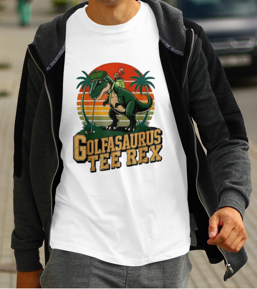 Golfasaurus Rex Rex Dinosaur Playing Golf Sunset Palm Trees T-Shirt