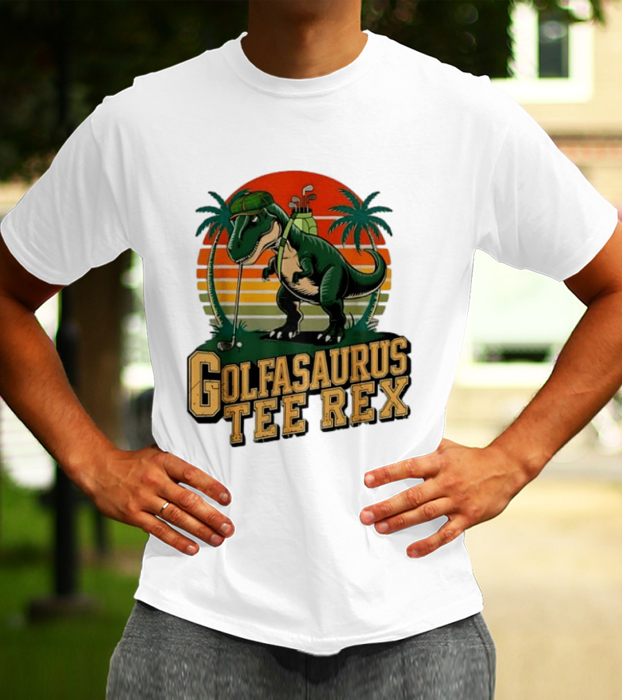 Golfasaurus Rex Rex Dinosaur Playing Golf Sunset Palm Trees T-Shirt