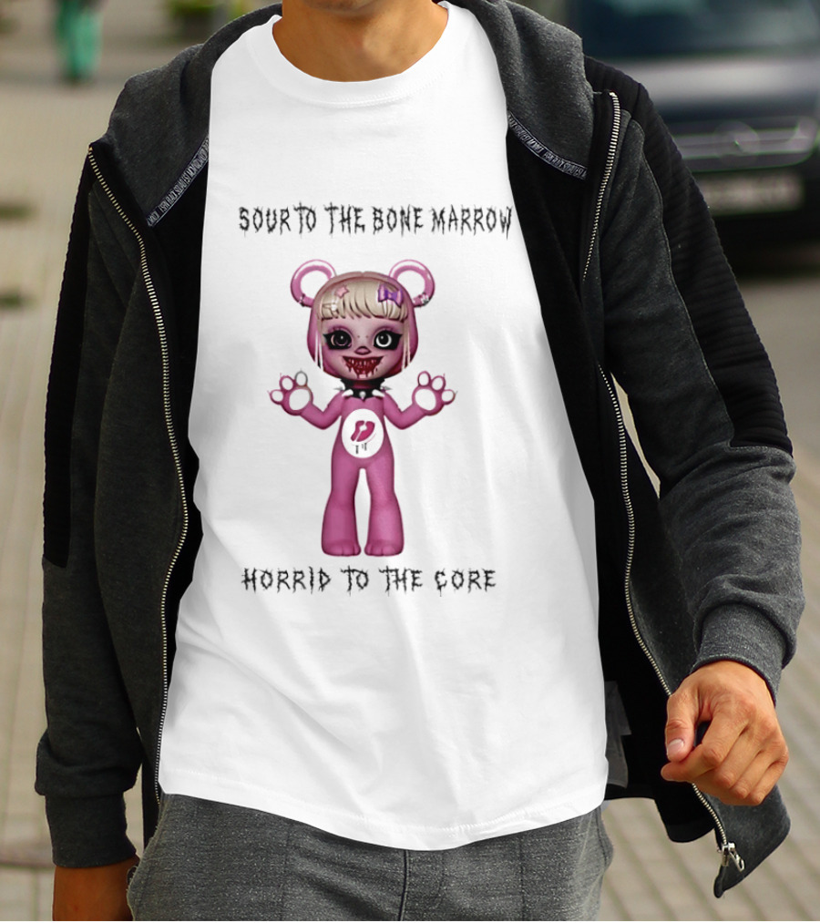 Sour To The Bone Marrow Horrid To The Core Pink Bear Character With Skull Tattoo T-Shirt