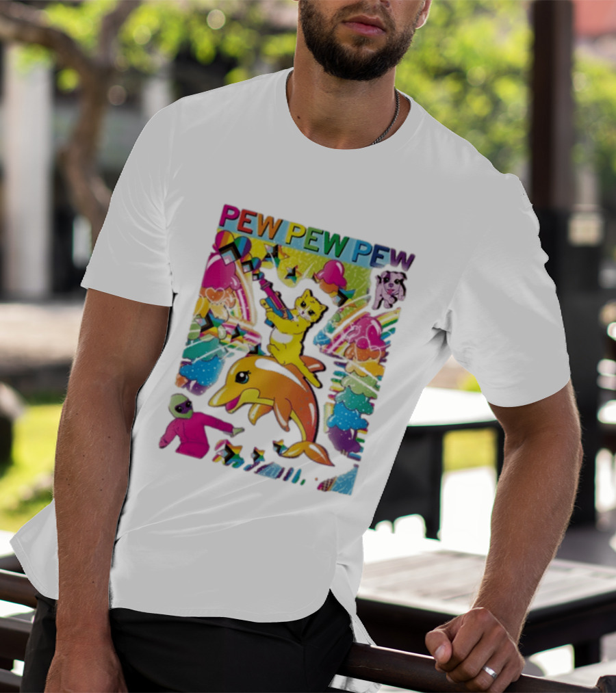 Pew Pew Pew Colorful Cat Dolphin Alien Rainbow T-Shirt