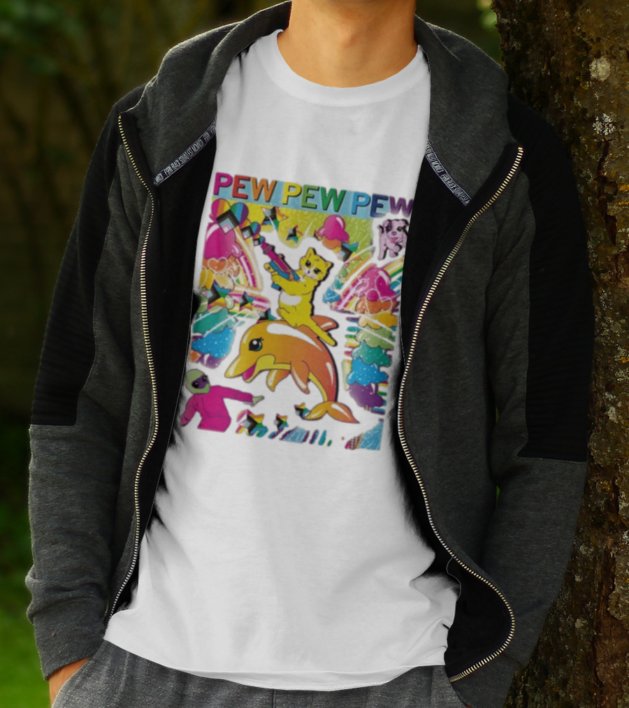 Pew Pew Pew Colorful Cat Dolphin Alien Rainbow T-Shirt