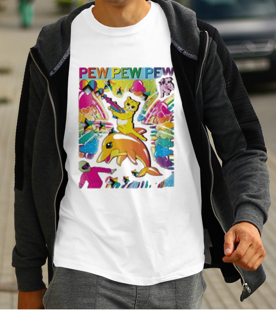 Pew Pew Pew Colorful Cat Dolphin Alien Rainbow T-Shirt