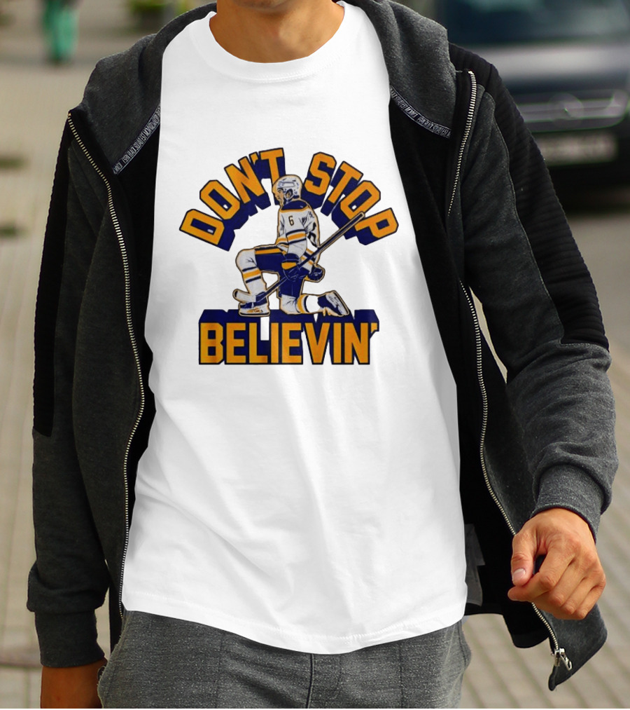 Don't Stop Believin' Hockey Player Number 6 Kneeling Pose T-Shirt