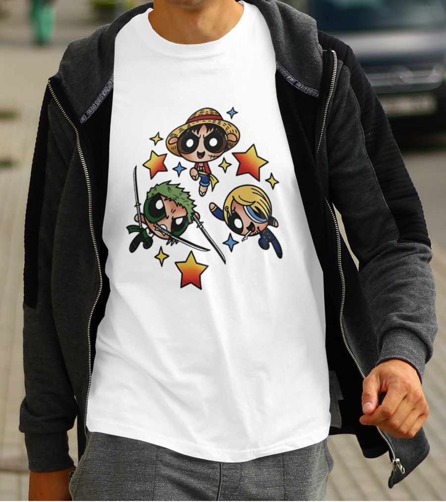 Luffy Zoro Sanji Fusion One Piece Powerpuff Girls Crossover Cute Anime Stars T-Shirt