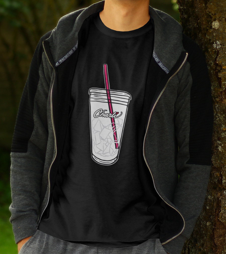 Charli Iced Coffee Cup Pink Straw Sketch T-Shirt