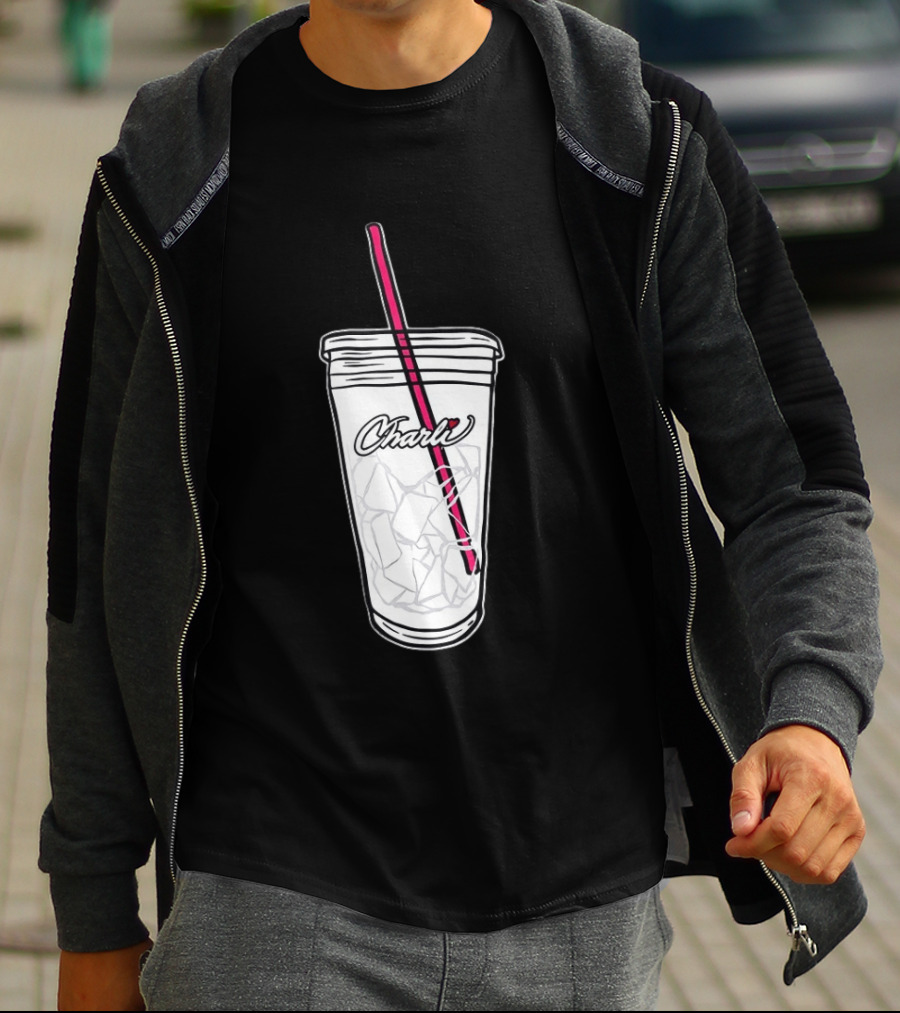 Charli Iced Coffee Cup Pink Straw Sketch T-Shirt