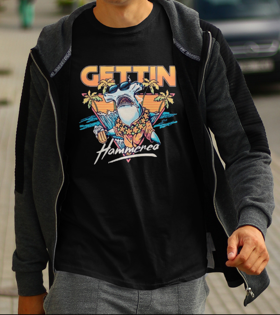 Gettin Hammered Shark Tropical Sunset Vibes T-Shirt