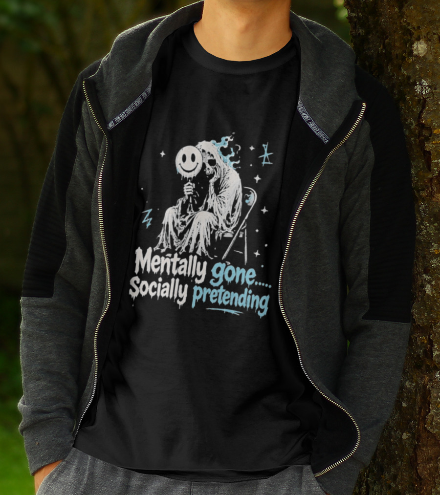 Mentally Gone Socially Pretending Goth Skull On Chair T-Shirt