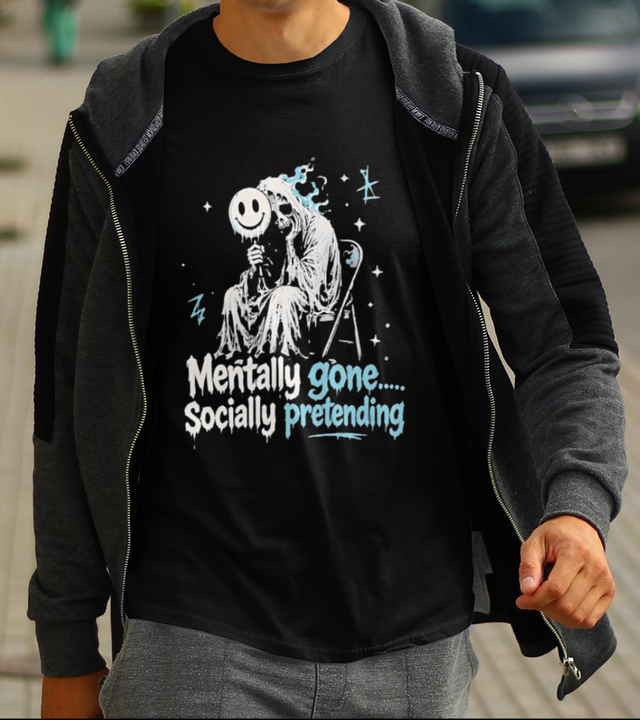 Mentally Gone Socially Pretending Goth Skull On Chair T-Shirt