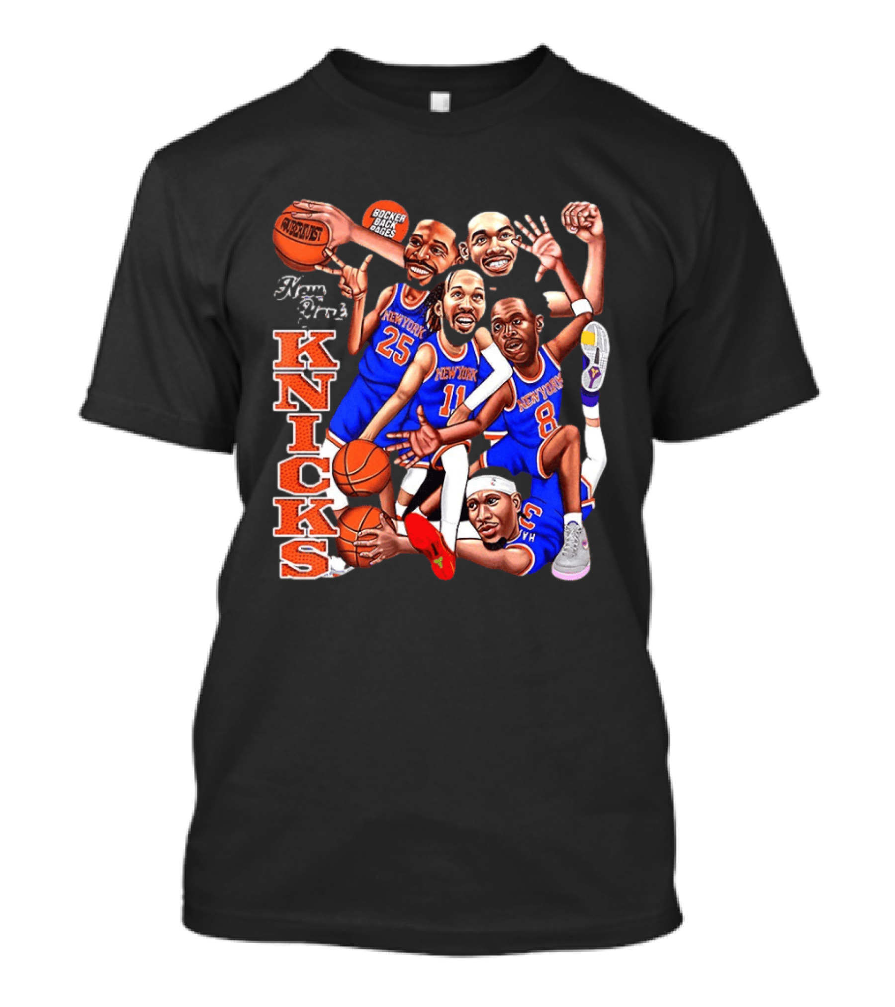 New York Knicks Starting Five 2026 Caricature Dunk Basketball Hoops T-Shirt